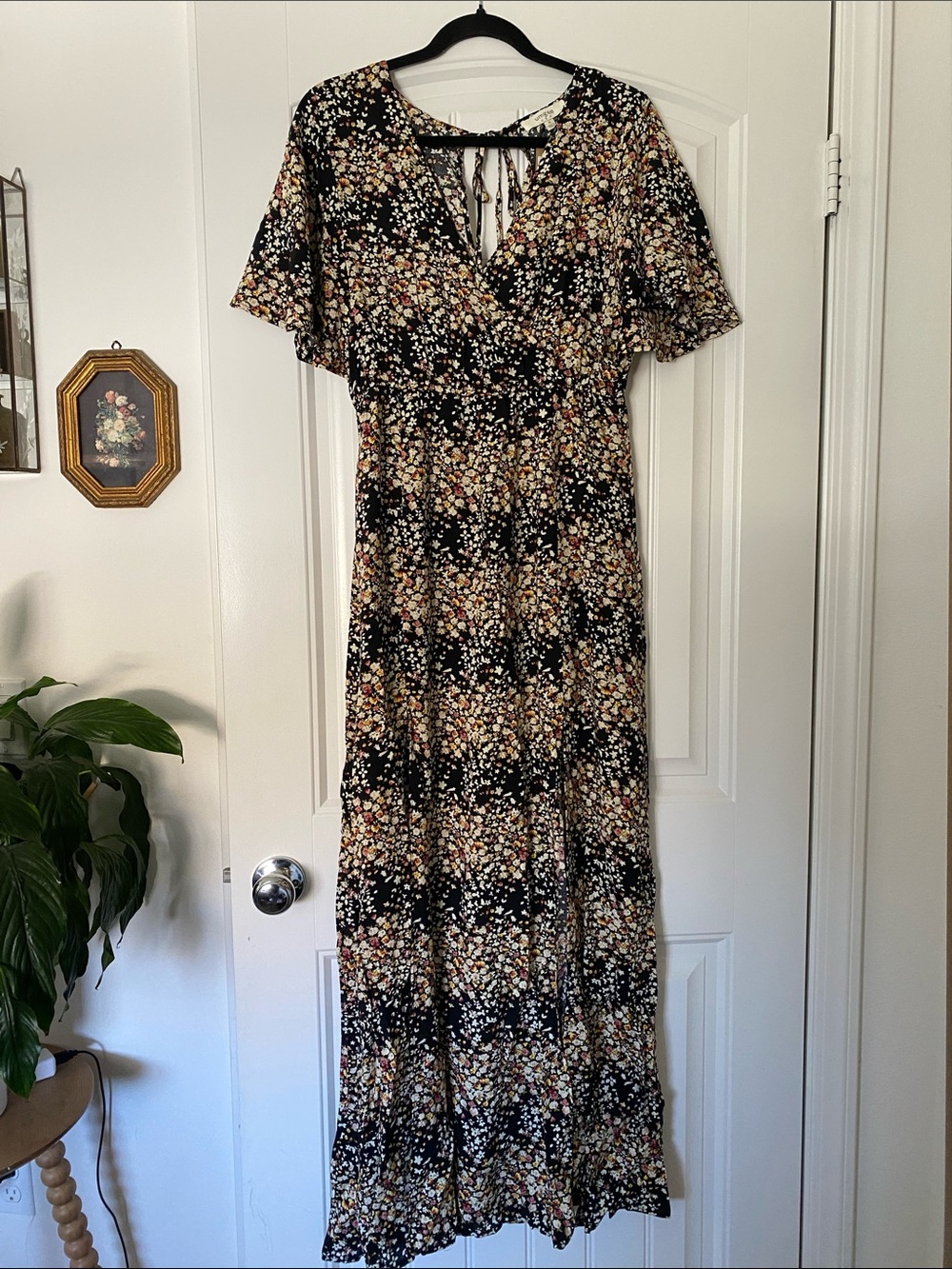 Umgee Floral Maxi Dress with Tie-Back and Flutter Sleeves